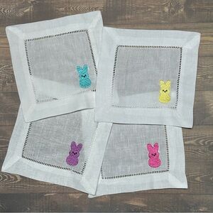 New set of 4 embroidered bunny linen cocktail napkins